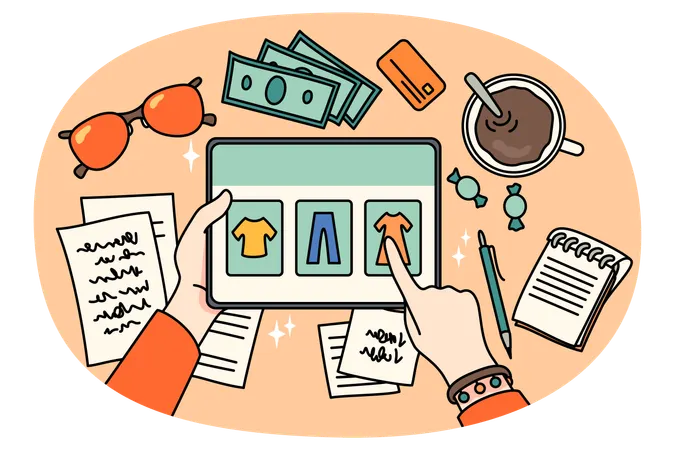 Person shopping online on tablet  Illustration