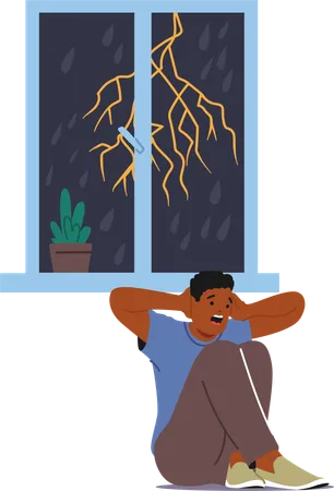 Person Sitting Indoors Looking Frightened During  Thunderstorm With Lightning Visible Outside Window  Illustration