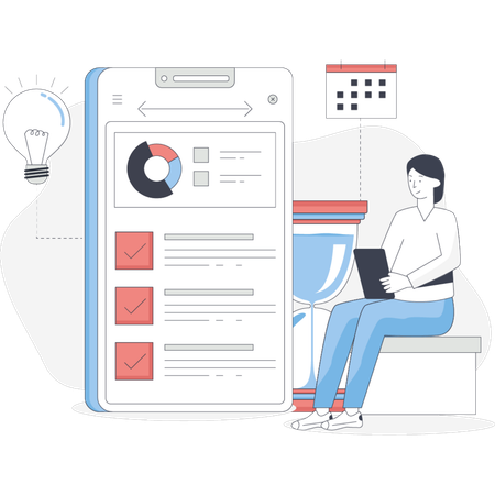 Person sitting on a bench using a smartphone while a calendar rests beside them  Illustration