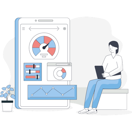 Person sitting on a bench using a tablet in one hand and a phone in the other  Illustration