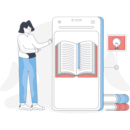 Person stands beside a phone displaying an open book indicating a digital reading experience  Illustration