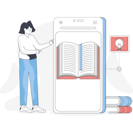 Person stands beside a phone displaying an open book indicating a digital reading experience  Illustration