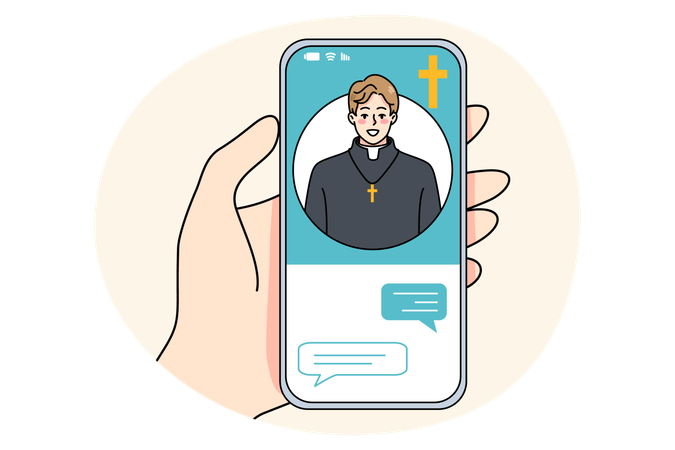 Person talk with priest online on cellphone  Illustration