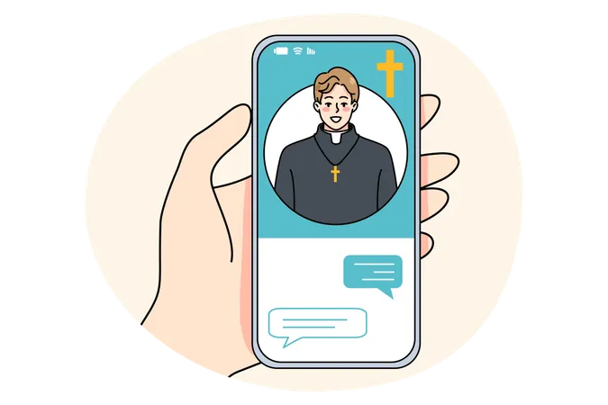 Person talk with priest online on cellphone  Illustration