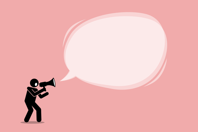 Person talking and shouting using a megaphone to promote, call, and tell an important announcement in a big promotional bubble speech message  Illustration