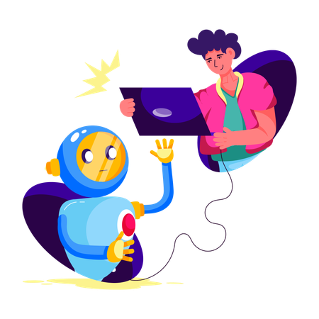 Person talking with robot assistant  Illustration