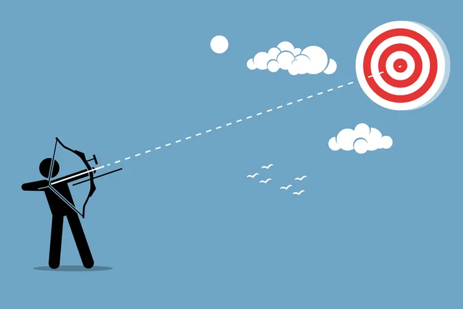 Person using a bow to aim and shoot an arrow to a target in the sky Illustration
