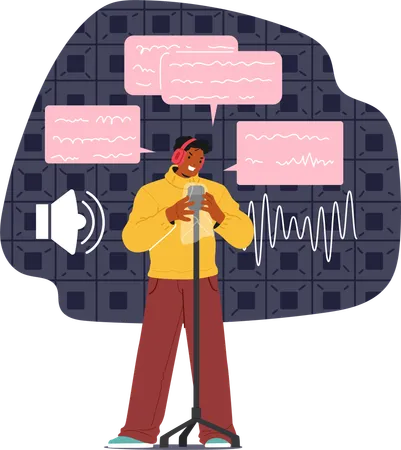 Person Wearing Headphones Holding  Script Stands Before  Microphone Surrounded By Speech Bubbles And Sound Waves  Illustration