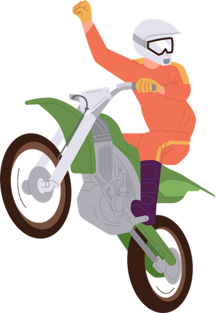 Person wearing motorcycle racing suit enjoying freeriding motocross jumping in air  Illustration