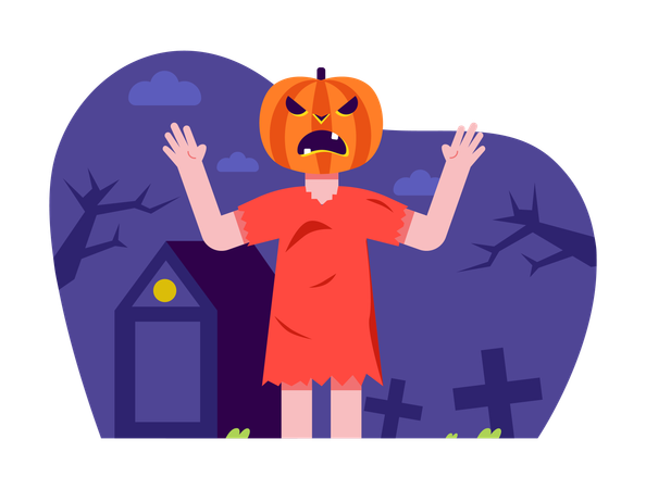 ハロウィーンの仮装パーティーでカボチャの顔をしている人  イラスト