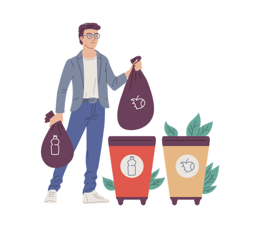 Person wirft Müll in Mülltonnen und Müllcontainer  Illustration