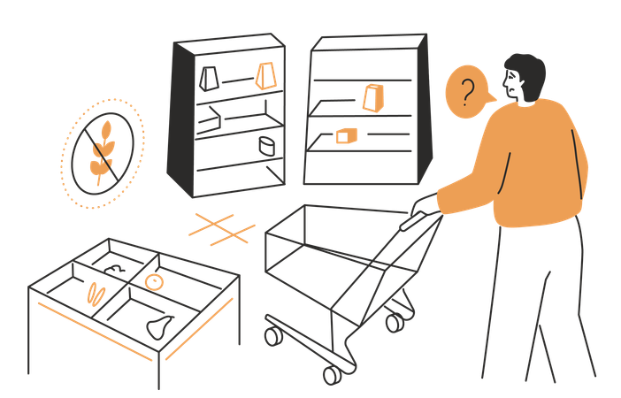 Person with a shopping cart who does not find goods on the shelves of stores  Illustration