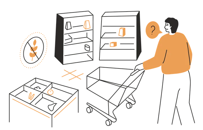 Person with a shopping cart who does not find goods on the shelves of stores  Illustration