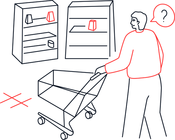 Person with a shopping cart who does not find goods on the shelves of stores  Illustration