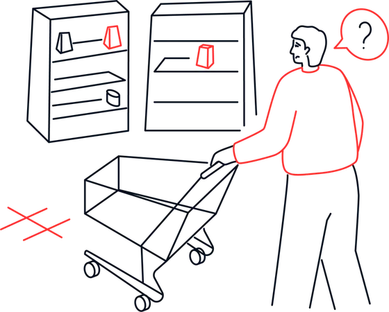 Person with a shopping cart who does not find goods on the shelves of stores  Illustration