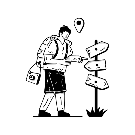 Person with backpack and signboard looking way  Illustration