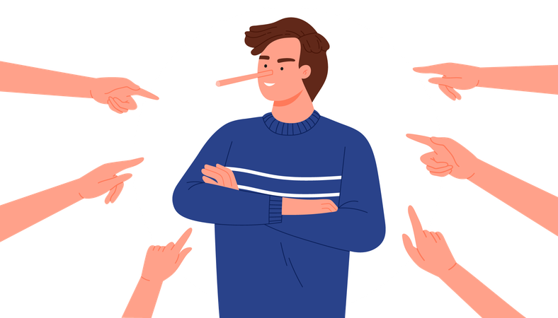 Person with  growing nose symbolizing dishonesty surrounded by pointing hands  Illustration