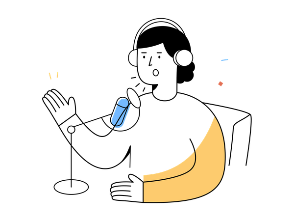 Person with headphones speaks into microphone in modern podcast studio  Illustration