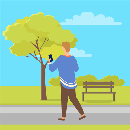 Person with Mobile Phone Back View in City Park  Illustration