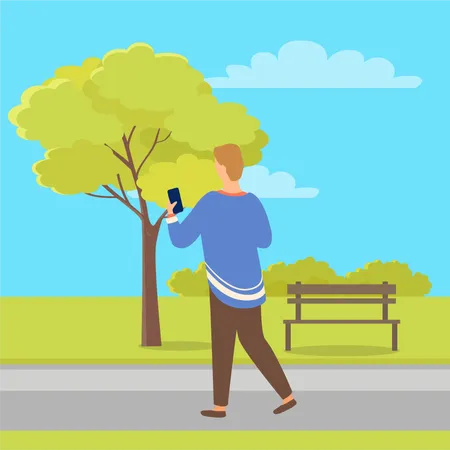 Person With Mobile Phone Back View In City Park Near Tree And Bench Vector Male With Telephone Businessman Chatting On Smartphone Typing Message Illustration
