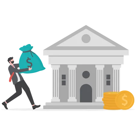Saving And Investment Concept Person With Money Walking To The Bank Carrying Cash To The Bank Office Illustration