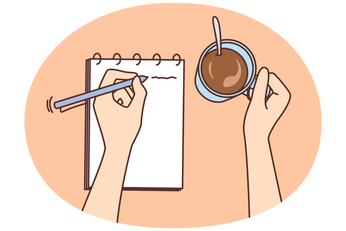 Person writing in notepad drinking coffee  Illustration