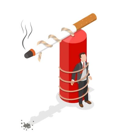 Peligro De Fumar Concepto De Vector Isometrico Plano El Hombre Esta Atado A La Dinamita Encima Hay Un Cigarrillo Cuya Mecha Casi Ha Encendido Ilustración