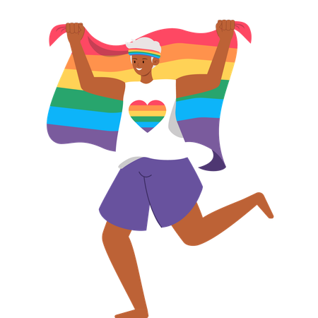 Persona alegre celebra el orgullo LGBTQ con la bandera del arcoíris y una camiseta con forma de corazón  Ilustración