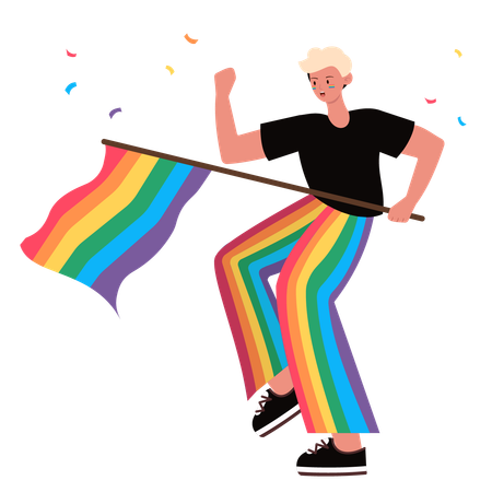 Persona celebrando con una bandera del arco iris  Ilustración