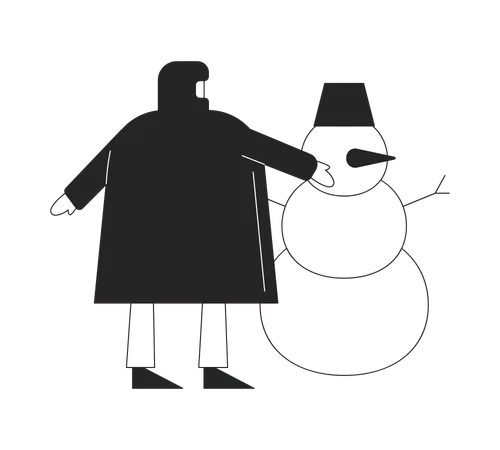 Persona con chaqueta acolchada construyendo un muñeco de nieve  Ilustración