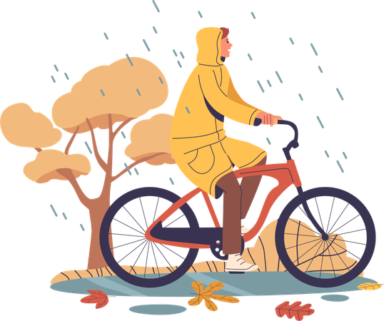 Persona con impermeable amarillo andando en bicicleta en un pintoresco entorno lluvioso otoñal con hojas y árboles cayendo  Ilustración