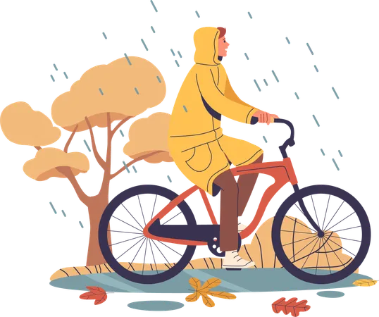 Persona con impermeable amarillo andando en bicicleta en un pintoresco entorno lluvioso otoñal con hojas y árboles cayendo  Ilustración