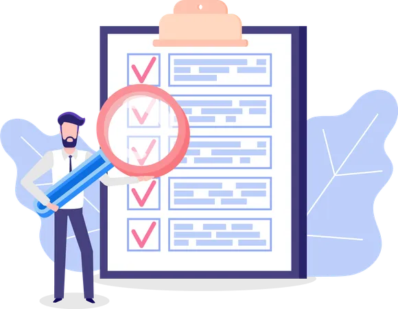 Persona con lupa mira la lista de verificación en el portapapeles  Ilustración