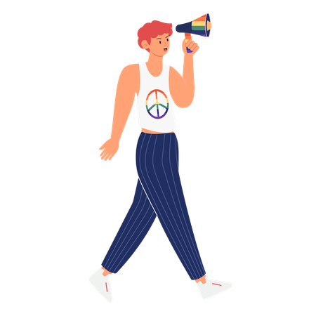 Persona con megáfono y camiseta con el signo de la paz celebra la diversidad y la inclusión  Ilustración