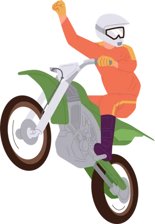 Persona vestida con traje de carreras de motos disfrutando del freeride motocross saltando en el aire  Ilustración