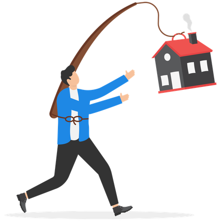 Persona corriendo tras una casa inalcanzable que representa las dificultades de los compradores de vivienda por primera vez  Ilustración