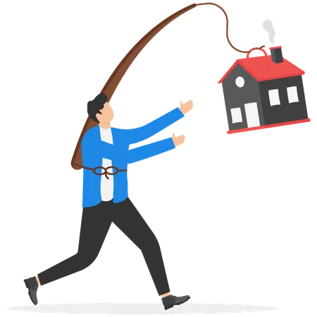 Persona corriendo tras una casa inalcanzable que representa las dificultades de los compradores de vivienda por primera vez  Ilustración