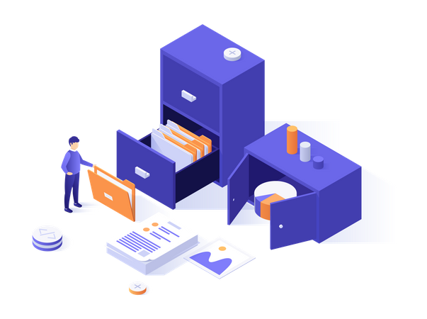 Persona de negocios organizando documentos  Ilustración