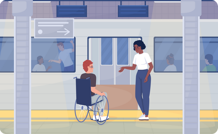 Persona discapacitada que viaja en la estación de tren  Ilustración