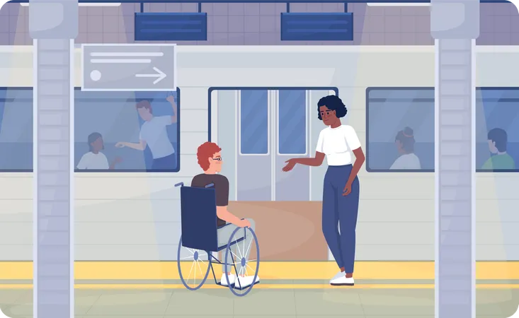 Persona discapacitada que viaja en la estación de tren  Ilustración