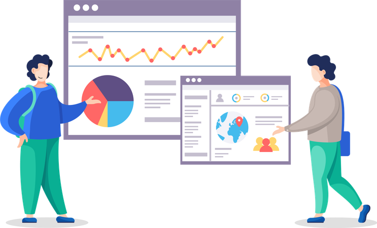 Persona que discute el sitio web del informe gráfico  Ilustración