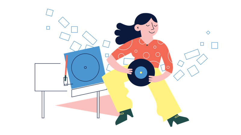 Persona escuchando música en un reproductor de vinilo.  Ilustración