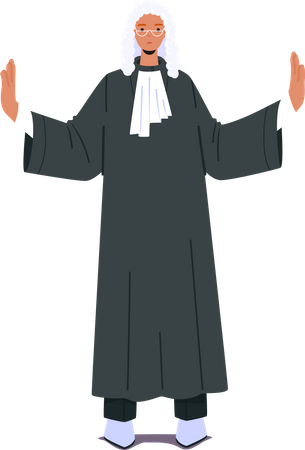 Persona judicial vestida con túnica negra y cuello blanco con expresión facial seria  Ilustración