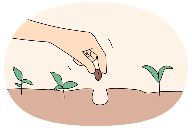 Persona plantando semillas con la mano en el suelo  Ilustración