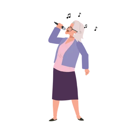Feliz Anciana Cantando Una Persona Mayor Activa Disfruta De Un Karaoke Expresivo Ilustracion De Dibujos Animados De Vector Plano Ilustración