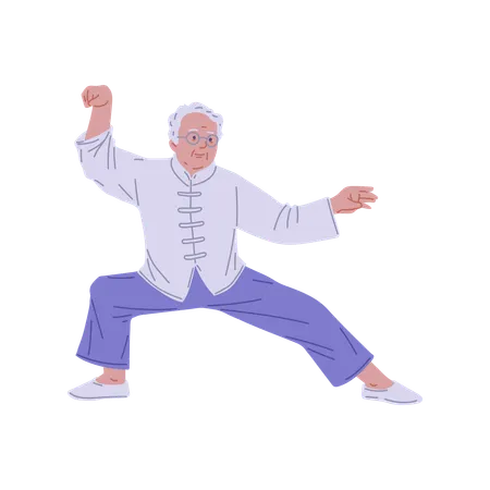 Persona mayor activa en postura de Tai Chi  Ilustración