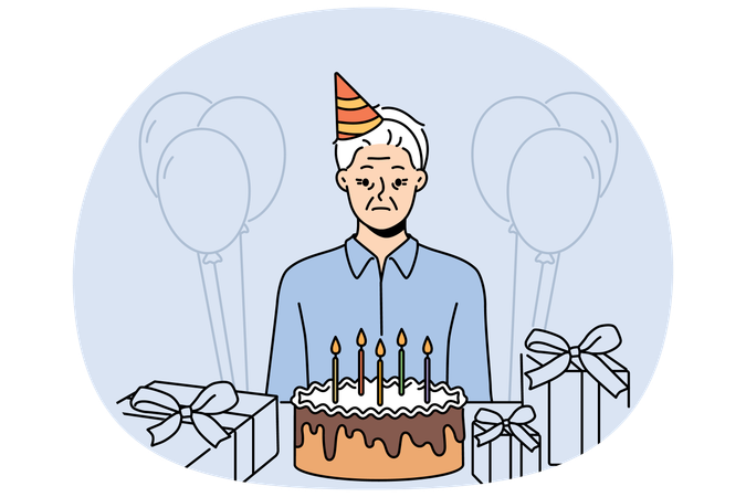 Persona triste y anciana que cumple años celebrando sola, de pie cerca de la mesa con regalos y pastel  Ilustración