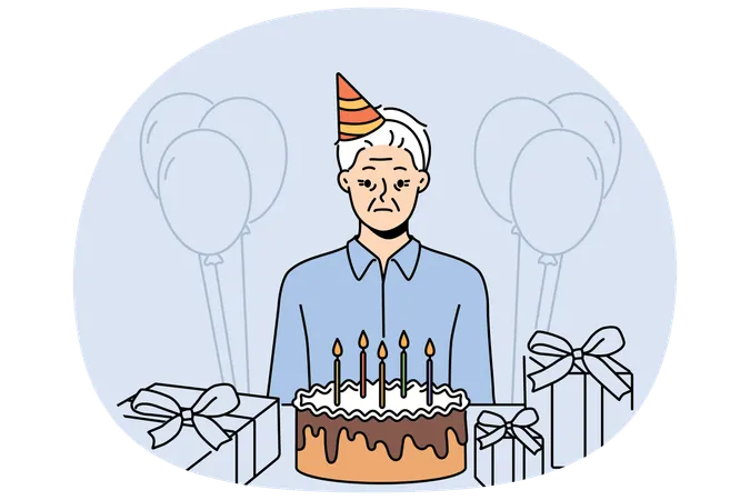 Persona triste y anciana que cumple años celebrando sola, de pie cerca de la mesa con regalos y pastel  Ilustración