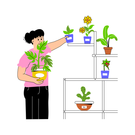 Persona organizando una variedad de plantas en macetas.  Ilustración