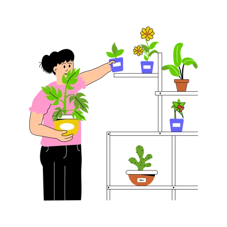 Persona organizando una variedad de plantas en macetas.  Ilustración